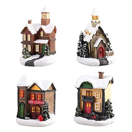 Produktbild: SOLUSTRE LED Weihnachtshaus Beleuchtet Weihnachtsdorf Weihnachtsstadt: 4 Stücke Harz Häuser Winterdorf mit Beleuchtung Schnee Miniatur Haus Weihnachten Dekoration Moos Winter Xmas Deko Kinder