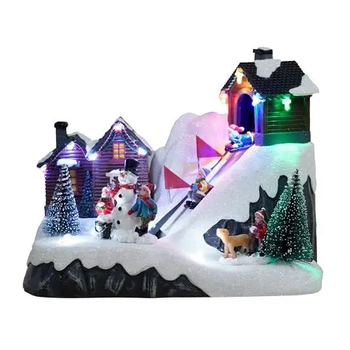 Produktbild: LED Weihnachtsszene mit fahrenden Schlitten - 22 x 13 cm - Deko Winterstadt bunt beleuchtet - Weihnachtsdorf Szene Tischdekoration Weihnachtsdeko beleuchtet