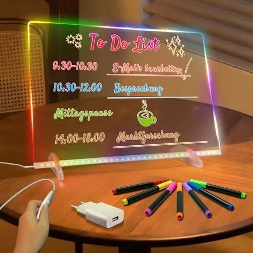 Produktbild: LED Zeichenbrett, Led Notiztafel mit 8 Farben 6 Beleuchtungsmodi, Acryl Schreibtafel mit Adapter, Komplettes Geschenkbox-Set mit Zubehör,Led Maltafel Kinder, Zeichnen, Memo, Werbetafel