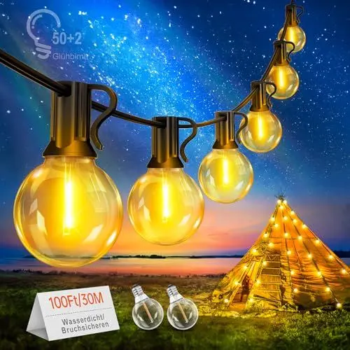 Produktbild: Seklin Led Außen Lichterkette Glühbirnen Strom - Outdoor Lichterketten 30M mit 50+2 G40 IP44 Wetterfest Glühbirne für Innen Aussen Garten Balkon Camping Party Deko