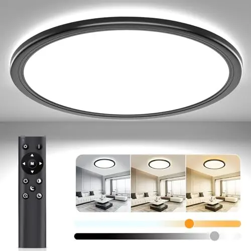 Produktbild: Led Deckenleuchte Flach Deckenlampe Dimmbar mit Fernbedienung, 3000K~6500K, Ø30cm 24W IP44, H2.7cm Ultra Dünn Rund Lampen Led Panel Deckenleuchte für Wohnzimmer Küche Kinderzimmer Badezimmer-Schwarz