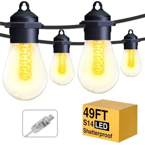 Produktbild: Led Lichterkette Außen Strom LED Glühbirnen,15M Outdoor Lichterketten Garten mit S14 20 Plastik Beleuchtung IP65 Wasserdicht String Lights für Außen & Innen Terrasse, Party, Balkon (White)