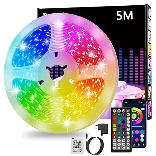 Produktbild: RGB LED Streifen 5 m, Bluetooth Smart Selbstklebend Mit Fernbedienung Und App, Dimmbar, Musiksynchronisation, Timer-Einstellung für Spielzimmer, Wohnzimmer, Küche, Party