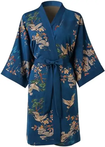 Produktbild: Ledamon Damen Kimono Kurz Robe für Frauen - Pocket Floral Bademantel Nachthemd (Dunkelblau)