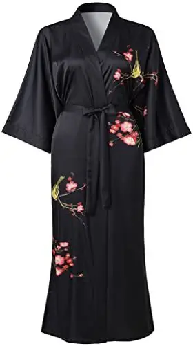 Produktbild: Ledamon Damen Plus Größe Kimono Robe lang für Frauen - Tasche Floral Bademantel Nachthemd (Schwarz)