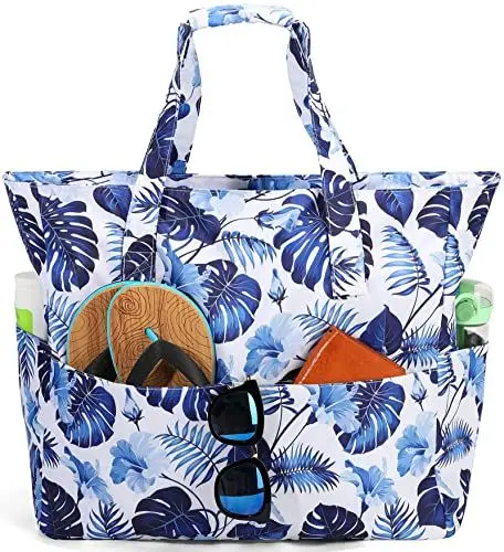 Produktbild: LEDAOU Große Strandtasche Damen Umhängetasche Handtasche wasserdicht sanddicht mit Reißverschluss Strandtasche für Pool Fitnessstudio Reisen mit Nasstasche (Blume)