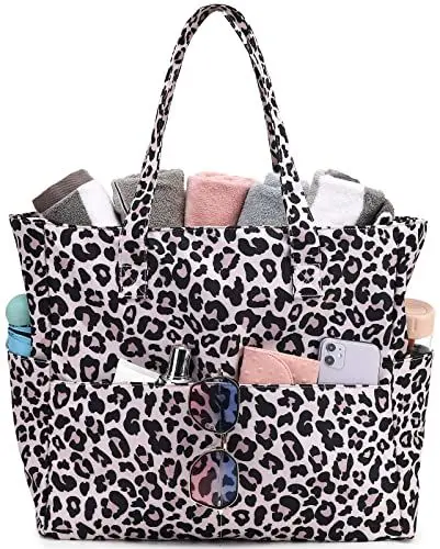 Produktbild: LEDAOU Große Strandtasche Damen Umhängetasche Handtasche wasserdicht sanddicht mit Reißverschluss Strandtasche für Pool Fitnessstudio Reisen mit Nasstasche (Leopard)