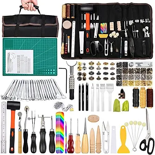 Produktbild: Leder DIY Set, 328 Stücke Leder Werkzeuge Leder DIY Werkzeug, Groover, Leder Nieten Set, Leder Stempel Werkzeug, Leder Faden, Nähen Nadeln und Andere Leder Handwerk Werkzeug für Leder Hand Nähen DIY