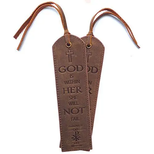 Produktbild: Leder Lesezeichen Leather Bookmarks Mit inspirierendem Bibelvers Psalm 46:5 Gott ist in Ihr | Handgefertigtes Lesezeichen Echtleder Einzigartige Geschenke Für Frauen, Männer, Kinder - 2er Pack
