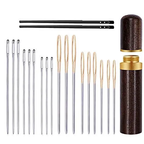 Produktbild: Leder Nähen Nadeln Set, 6 Größen Hand Nähen Nadeln, Große Augen Nadeln mit 2 Stücke Doppelloch Lederschnürnadel und Nadelflasche für Leder Nähen Hand Nähen DIY