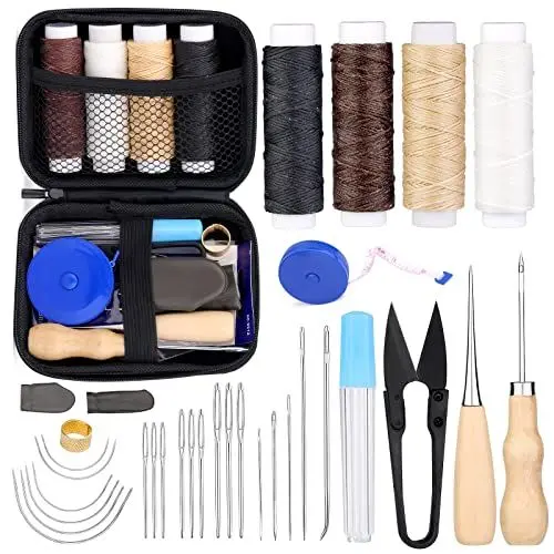 Produktbild: Kuppt Leder Nähen Set Lederhandwerk Werkzeug Set Leder Faden Wachsfaden mit Ledernadel, Nähahle, Fadenschere, Fingerhut, Maßband und Aufbewahrungstasche für Lederpolster reparatur, Handnähen