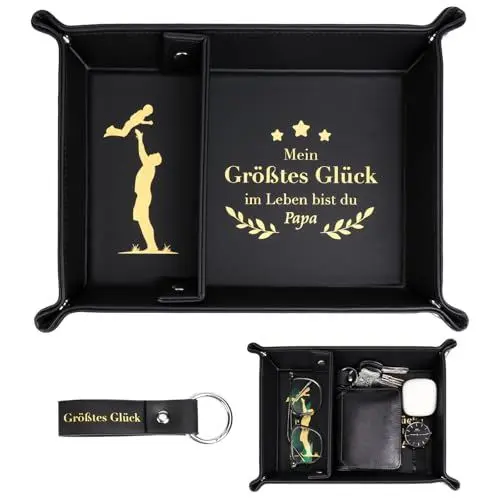 Produktbild: Leder Taschenleerer - Geschenke für Papa Weihnachten, Abnehmbare 2 Fächer PU-Leder Schlüsselschale mit Schlüsselanhänger, Ledertablett Organizer für Handy, Schlüssel, Kleingeld Geldbörse (schwarz)