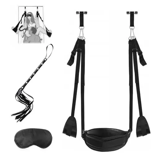 Produktbild: Leder Tür Liebesschaukel Sexschaukel BDSM Möbel mit 3 Extra Breite Polstern + Augenmaske + Peitsche,Liebesschaukeln Sex Möbel,Bondageset Fessel Set,Sex Swing Love Swing,Belastbar Bis 100kg