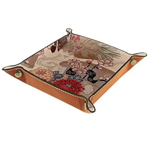 Produktbild: Lederdiener-Tablett, Würfeltablett, zusammenklappbarer quadratischer Halter, Kommode-Organizer-Platte für Kleingeldschlüssel,Japanische Chrysantheme Pflaumenbaum Kunst Weinlese