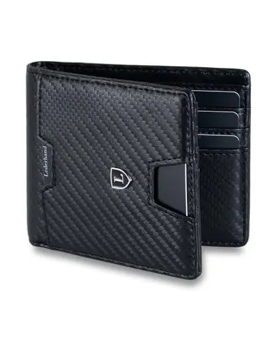 Produktbild: Lederhand® Anao Wallet– Premium Leder Geldbörse handgemacht für Herren und Damen Portemonnaie Aluminium Kartenhalter mit Münzfach und Scheinfach - Platz für 8 Karten mit RFID NFC Schutz (Carbon)