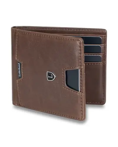 Produktbild: Lederhand® Anao Wallet– Premium Leder Geldbörse handgemacht für Herren und Damen Portemonnaie Aluminium Kartenhalter mit Münzfach und Scheinfach - Platz für 8 Karten mit RFID NFC Schutz (Dunkelbraun)