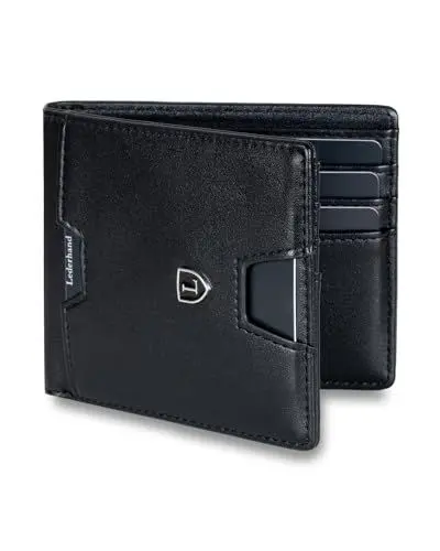 Produktbild: Lederhand® Anao Wallet– Premium Leder Geldbörse handgemacht für Herren und Damen Portemonnaie Aluminium Kartenhalter mit Münzfach und Scheinfach - Platz für 8 Karten mit RFID NFC Schutz (Schwarz)