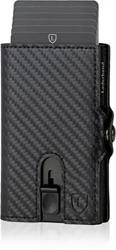 Produktbild: Lederhand® Aventus Wallet – Premium Leder Geldbörse handgemacht für Herren und Damen Portemonnaie Aluminium Kartenhalter mit Münzfach und Platz für 9 Karten mit RFID NFC Schutz Farbe|(Carbon)