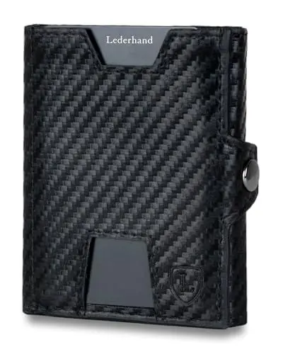 Produktbild: Lederhand® Neo XL Wallet mit Münzfach & RFID-Schutz - Mini Geldbörse Herren & Damen - Kartenetui Kreditkartenetui - Portmonee Geldbeutel Portemonnaie klein Geschenkbox | Carbon