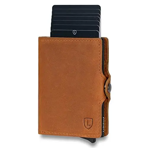 Produktbild: Lederhand Swipe Classic – Premium Echtleder Geldbörse handgemacht für Herren und Damen Portemonnaie Aluminium Kartenhalter mit Münzfach und Platz für 11 Karten mit RFID NFC Schutz | (Hellbraun)
