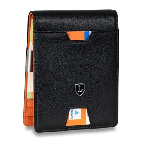 Produktbild: Lederhand® iSlim - Nappa Leder Geldbeutel mit Geldklammer und Münzfach, 9 Kartenfach Premium Geldbörse - Slim Wallet mit RFID NFC Schutz - Farbe | (Schwarz/Orange)