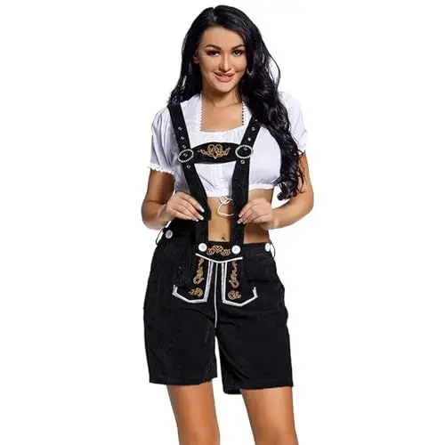Produktbild: Lederhose Damen, Lederhose Damen kurz, Trachten Hose Damen Outfit mit Träger in klassischer Trachtenlederhose Form, feine Blumenstickereien