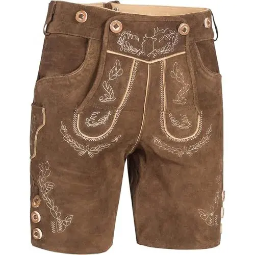 Produktbild: Lederhose Herren Tracht kurz, Oktoberfest Trachtenhose mit Stickerei, Klassische Trachtenlederhosen Kurz, Lederhosen Männer Trachten Hose für Oktoberfest Outfit (Brown, L)