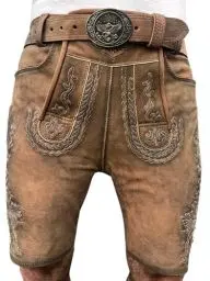 Produktbild: Lederhose Herren Oktoberfest Lederhose, traditionelle Wildbock Lederhose,Kurze Bayrische Trachtenhose mit Trachten Gürtel Gr 46-58 (DE/NL/SE/PL, Numerisch, 48, Regular, Kurz, Standard, Braun)