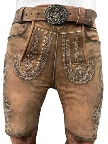 Produktbild: Lederhose Herren Oktoberfest Lederhose, traditionelle Wildbock Lederhose,Kurze Bayrische Trachtenhose mit Trachten Gürtel Gr 46-58 (DE/NL/SE/PL, Numerisch, 48, Regular, Kurz, Standard, Braun)