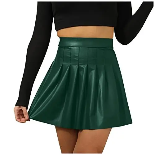 Produktbild: Lederimitat Rock Plisseerock Schwarzer Rock Damen Kurz Karneval Kostüm Damen Sexy Partykleid Damen Elegant Minirock Schwarz Kostüm Damen Sexy Fasching Kleid Lederoptik Damen Grün S