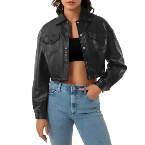 Produktbild: Lederjacke Damen Kurz Damen-Jacken Mode Leder Jacke Damen Motorrad Mantel Damen Einfarbig Frauen Kunstlederjacke Moto Biker Lederjacke Leicht Übergangsjacke Lederoptik Kurzmantel Mit Knöpfen