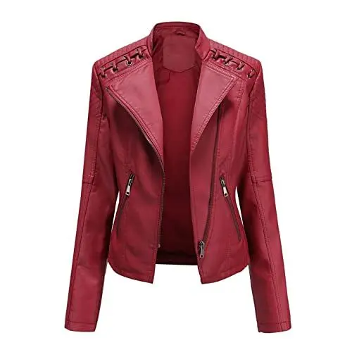 Produktbild: Lederjacke Damen Revers Kurze Jacke Kunstlederjacke Schlanke Motorradjacke Casual Streetwear Sportjacke mit Reißverschluss Mantel Y27K Herbst Frühling Fit Jacken Weiche Kurzmantel Rot 4XL