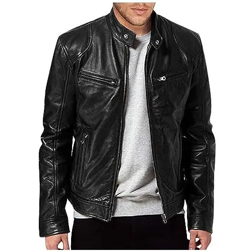 Produktbild: Lederjacke Herren Biker Kunstleder Jacke Zipper Motorradjacke Langarm Revers Trachtenjacke Heavyweight Bikerjacke Reverskragen Leder Übergangsjacke Reissverschluss Freizeitjacke Schwarz XXL