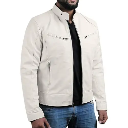 Produktbild: Lederjacke Herren Biker Kunstleder Jacke Zipper Motorradjacke Langarm Revers Trachtenjacke Heavyweight Bikerjacke Reverskragen Leder Übergangsjacke Reissverschluss Freizeitjacke Weiß XXL