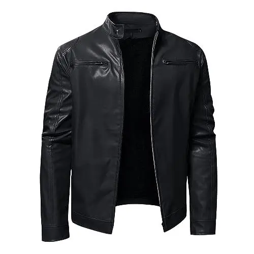 Produktbild: Lederjacke Herren Schwarz Winter Warm Fleece Business Jacke Kunstleder Dicker Bequemer Bikerjacke Modische Motorradjacke mit Reißverschluss Outdoor Fahrradjacke Schwarz XL