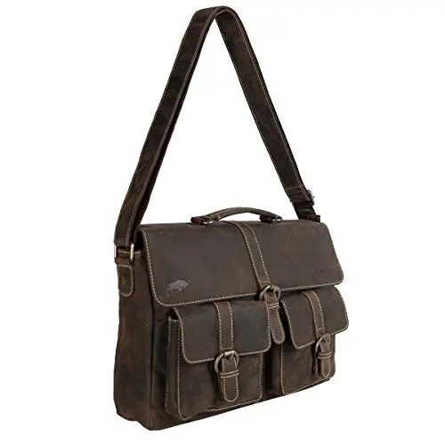 Produktbild: Leder-Kuriertasche Dunkelbraun für Herren und Damen - Lederlaptoptasche 15.6 Zoll • Business • Schultertasche • Aktentasche • Schultasche • Büffelleder - 39 x 9.5 x 24 cm