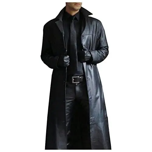 Produktbild: Ledermantel Herren Lang Schwarz Männer Solide Trenchcoat Slim Kunstleder Leder Viktorianischen Cosplay Kostüm Distressed Herrenmantel Windjacke aus Kunstleder Winterjacke