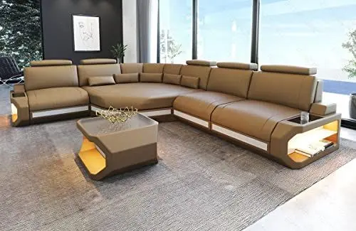 Produktbild: Ledersofa Asti als L Form Sofa in Leder mit Kopfstützen und LED Beleuchtung (Ecke Links, Sandbeige-Weiss)