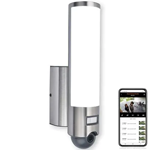 Produktbild: LED-Kameraleuchte ELARA, Außenleuchte in Silber (Edelstahl) mit Bewegungsmelder & Kamera, Überwachungskamera FullHD und Gegensprechanlage, inkl. 16 GB SD-Karte, kompatibel m. Google Voice & Alexa…