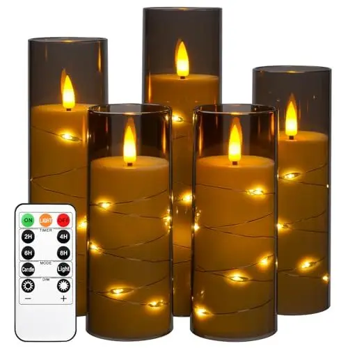 Produktbild: Da by LED Kerzen mit Eingelassener Lichterkette，Batteriebetriebene Kerzen mit Fernbedienung und 24 Stunde Timer，Flackernde Led Kerzen Für Weihnachtsdekoration Heimdekoration(Grau, 5er-Set)