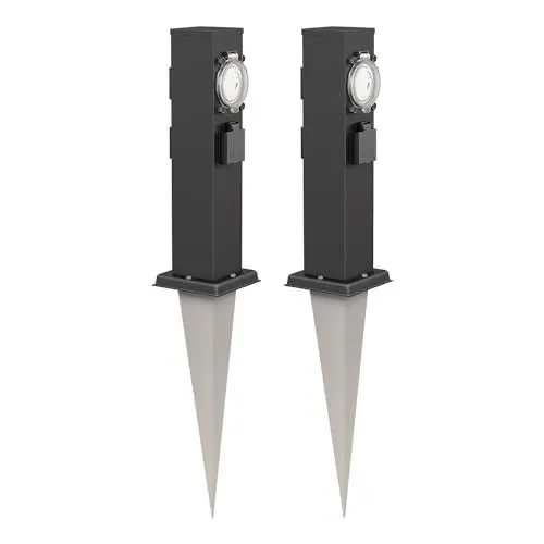 Produktbild: ledscom.de 2 Stück Garten-Steckdosen-Säule Polly mit Erdspieß für außen, IP44, 3-Fach mit Timer/Zeitschaltuhr, Edelstahl, eckig, schwarz, 38cm