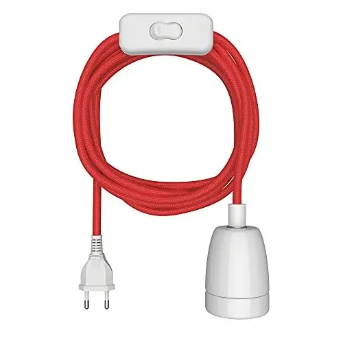 Produktbild: ledscom.de Textilkabel LEHA II, Stecker, Schalter, rot, weiß, 3 m, Porzellan-Fassung, 1x E27 max. 300W