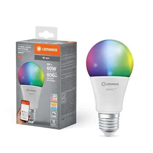 Produktbild: LEDVANCE Smarte LED-Lampe mit WiFi Technologie, Sockel E27, Dimmbar, Lichtfarbe änderbar (2700-6500K), RGB Farben änderbar, ersetzt Glühlampen mit 60 W, SMART+ WiFi Classic Multicolour, 1er-Pack