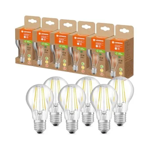 Produktbild: LEDVANCE LED Stromsparlampe, Filament Birne aus Glas mit E27 Sockel, Warmweiß (3000K), 4 Watt, ersetzt herkömmliche 60W-Leuchtmittel, besonders hohe Energieeffizienz und stromsparend, 6er-Pack