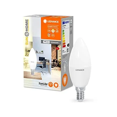 Produktbild: LEDVANCE SUN@HOME LED Lampe E14 4,9W ersetzt 25 W, 425 Lm, Sonnenlicht bis Kaminfeuer (2200-5000K), CRI95, SUN@HOME Smarte WIFI Leuchte per Alexa, google und App steuerbar mit Biorhythmusfunktion