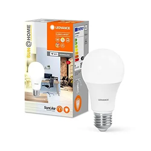 Produktbild: LEDVANCE SUN@HOME LED Lampe E27 mit 9W ersetzt 40 W, 750 Lm, Sonnenlicht bis Kaminfeuer (2200-5000K), CRI95, Smarte WIFI Leuchte per Alexa, google und App steuerbar, SMART+ CL A WIFI TW E27