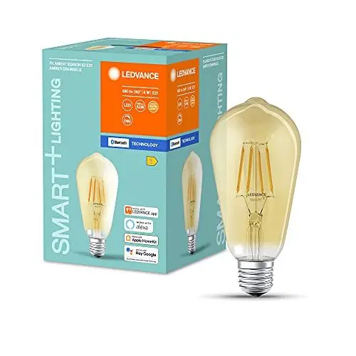 Produktbild: LEDVANCE Smart dimmbare Filament LED-Lampe, speziell für Alexa, Glas Edison Form in gold für E27 Sockel, ZERO TOUCH SETUP - einfache Einrichtung nur per Klick, Warmweiß (2400K), 50W-Ersatz, ZTS-ready