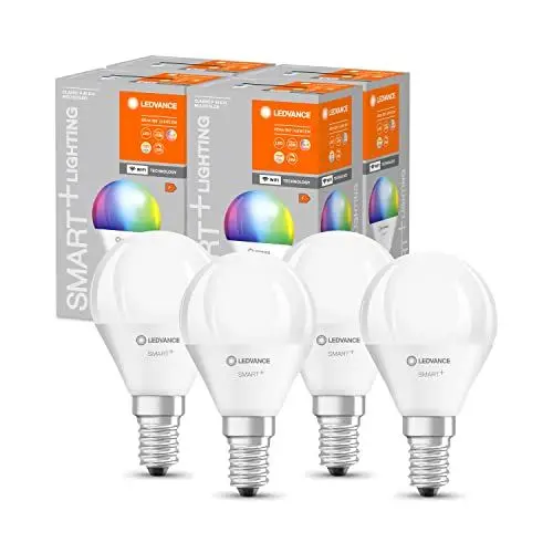 Produktbild: LEDVANCE Smarte LED-Lampe mit WiFi Technologie, Sockel E14, Dimmbar, Lichtfarbe änderbar (2700-6500K), RGB Farben änderbar, ersetzt Glühlampen mit 40 W, SMART+ WiFi Mini Bulb Multicolour, 4er-Pack