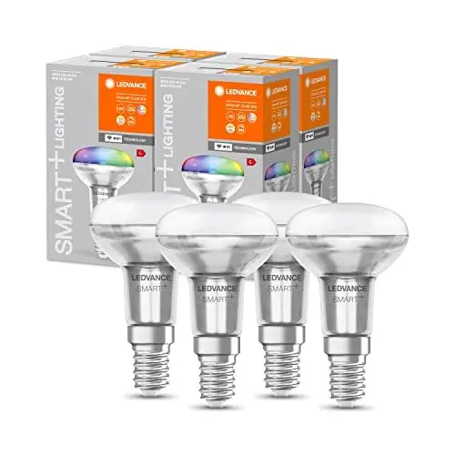 Produktbild: LEDVANCE Smarte LED R50 Spotlampe mit Wifi Technologie, E14, RGB-Farben & Lichtfarbe änderbar, Reflektorlampe als Ersatz für herkömmliche 40W-Glühbirnen, steuerbar mit Alexa, Google & App, 4er-Pack
