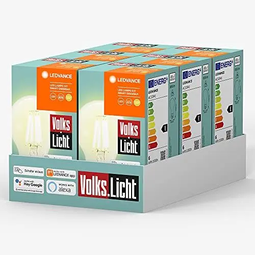 Produktbild: LEDVANCE Volks-Licht E27 Smarte LED Lampe | Bluetooth | warmweiss | dimmbare Glühbirne | kompatibel mit Amazon Alexa und Google Assistant | steuerbar mit der LEDVANCE App | 6er-Pack, Warm Weiß